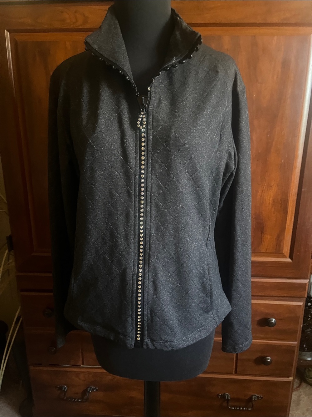 Women's Quilted Black Zip-Front Bomber Jacket with Stud Trim